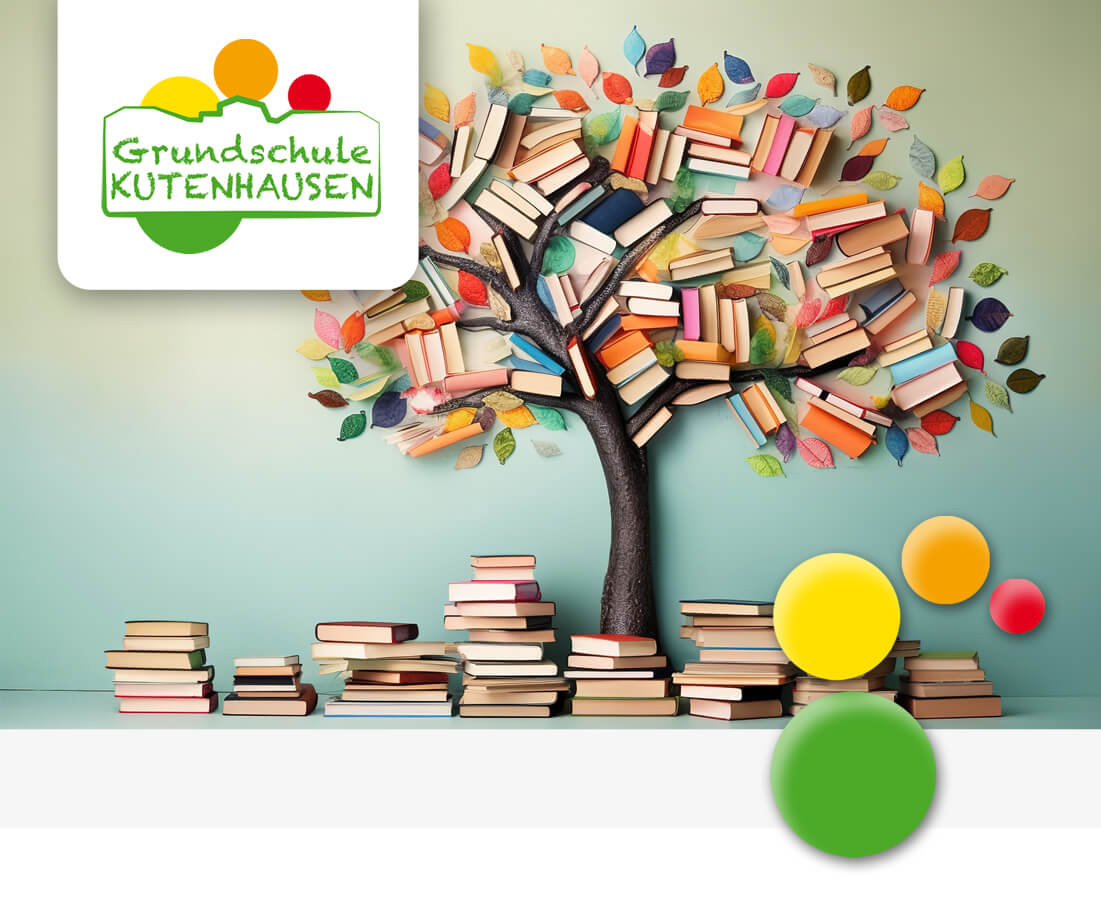 künstlicher Baum mit vielen Büchern darin und darunter